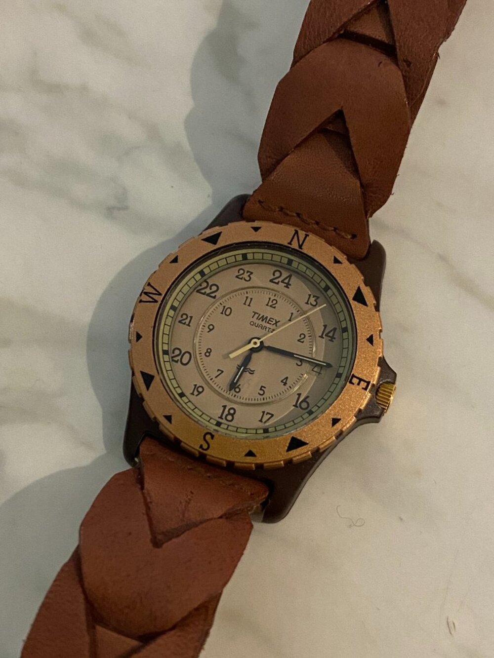Vintage Timex Safari watch compass bezel woven strap brown leather  preowned